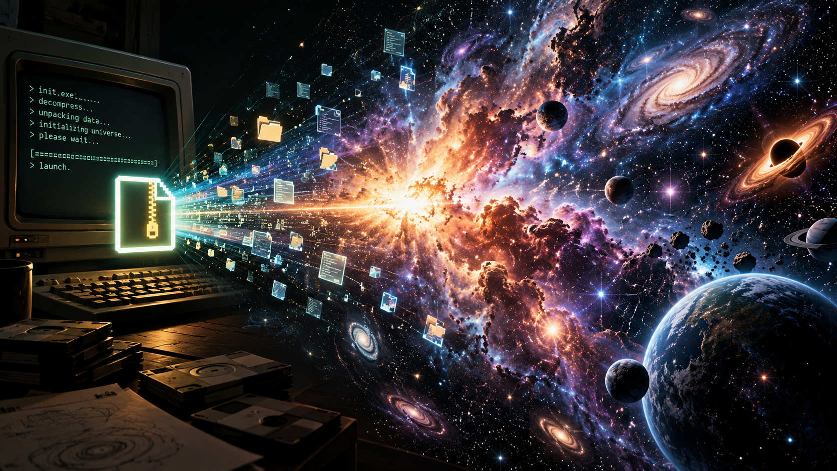 Are We in a Simulation? An old computer launching a compressed file that expands into galaxies, planets, and a vast simulated universe