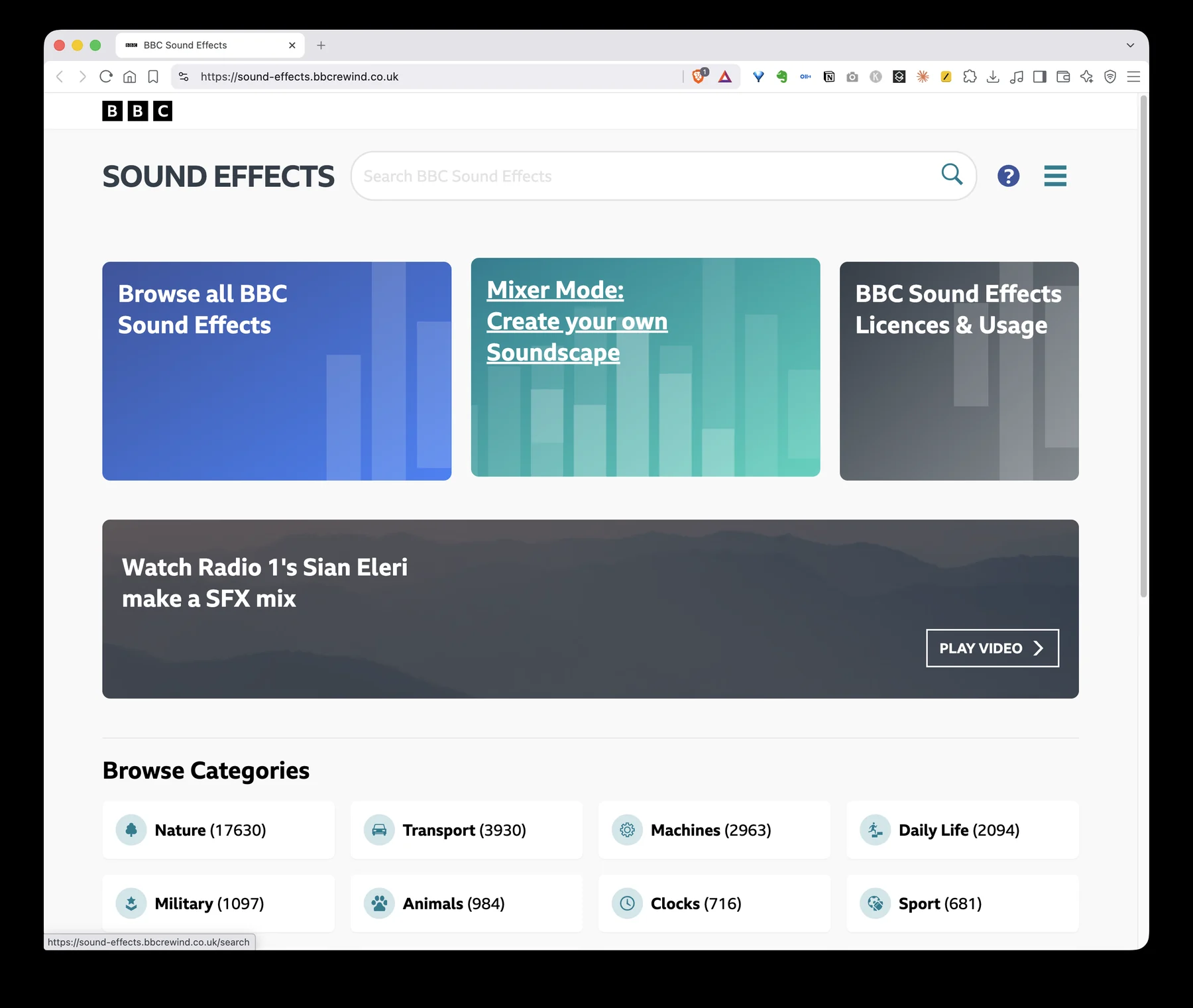 Screenshot of the BBC Sound Effects website showing search, mixer mode, licence information, and sound categories