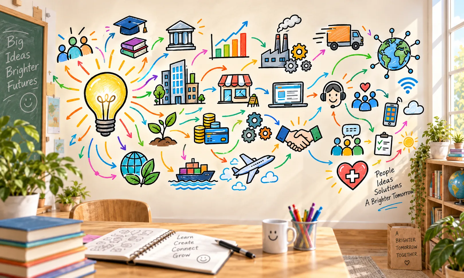 Illustration of a classroom wall filled with arrows from a lightbulb to business, technology, finance, logistics, healthcare, and global ideas