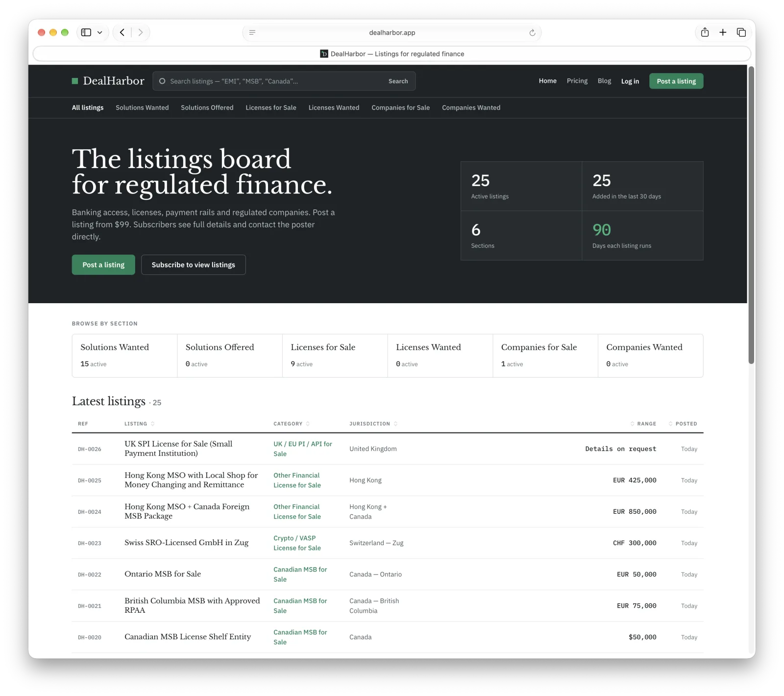DealHarbor listings board for regulated finance showing listings for licenses, companies, and solution requests