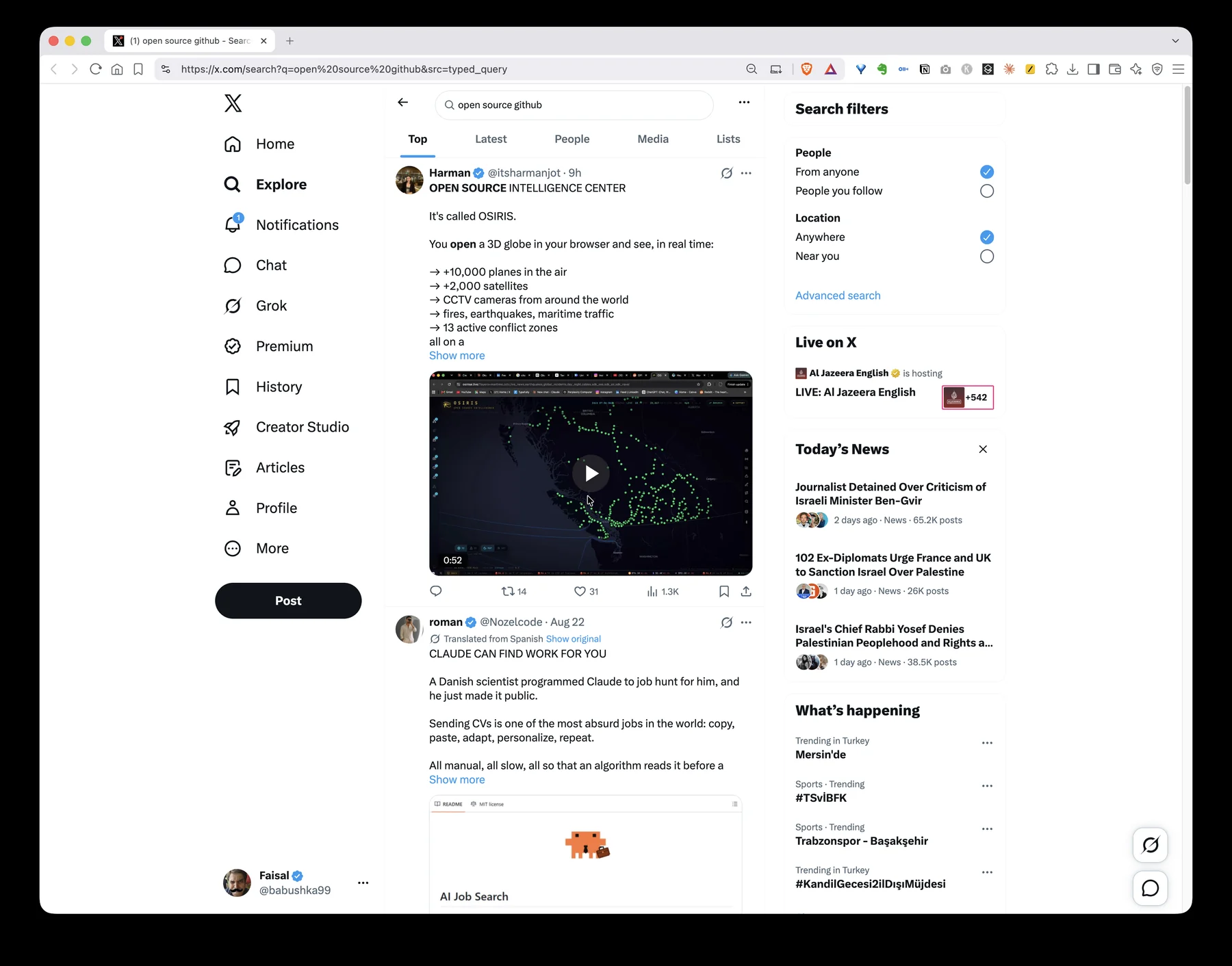 Screenshot of X search results for open source GitHub projects