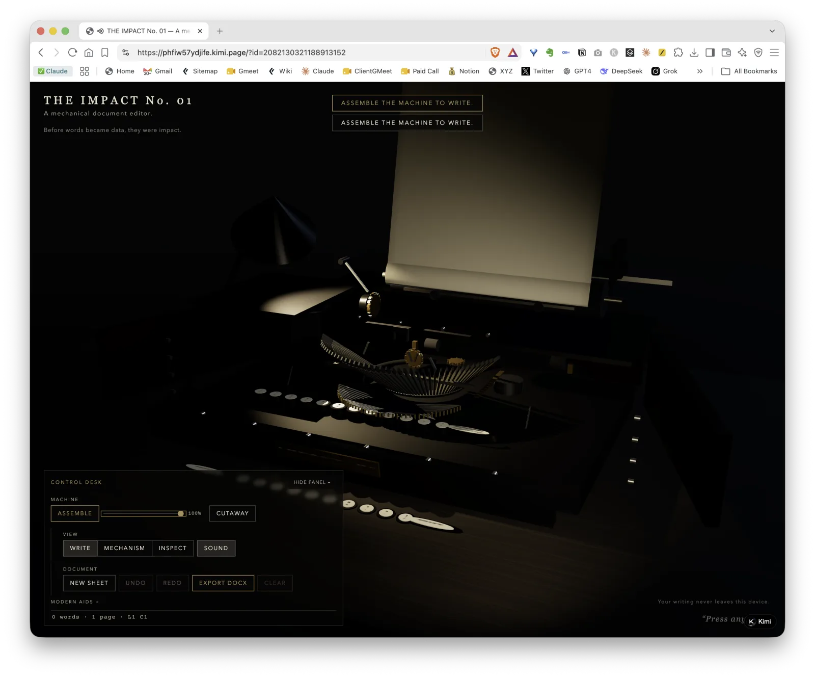 The Impact No. 01 mechanical document editor Screenshot of The Impact No. 01, a Kimi Swarm mechanical document editor with a dark typewriter-like interface