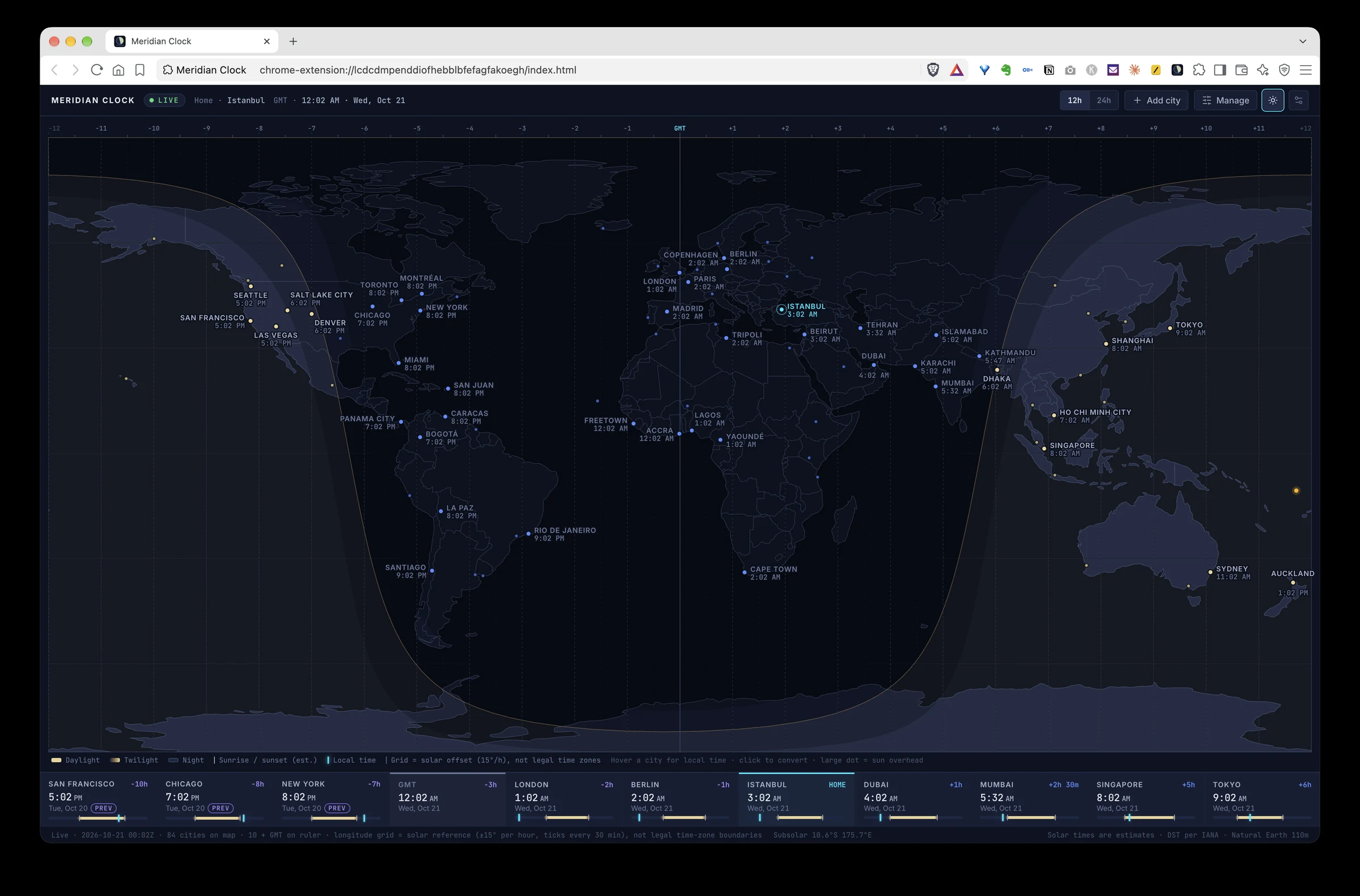 Meridian Clock in dark mode showing a live world map with day and night shading, city times, and Istanbul as the home city