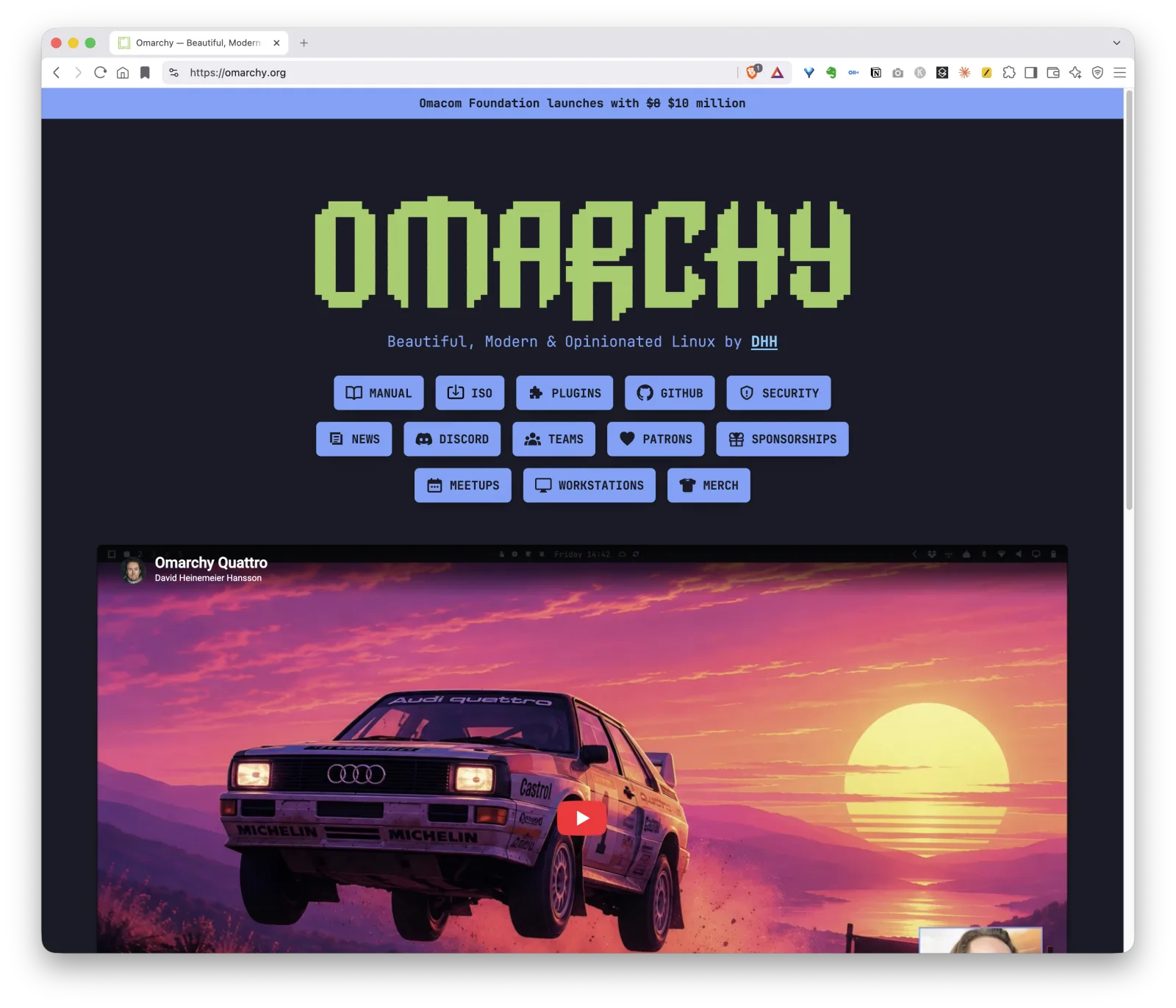 Omarchy Linux by DHH Screenshot of the Omarchy website showing the Omarchy logo, navigation buttons, and embedded NetworkChuck video