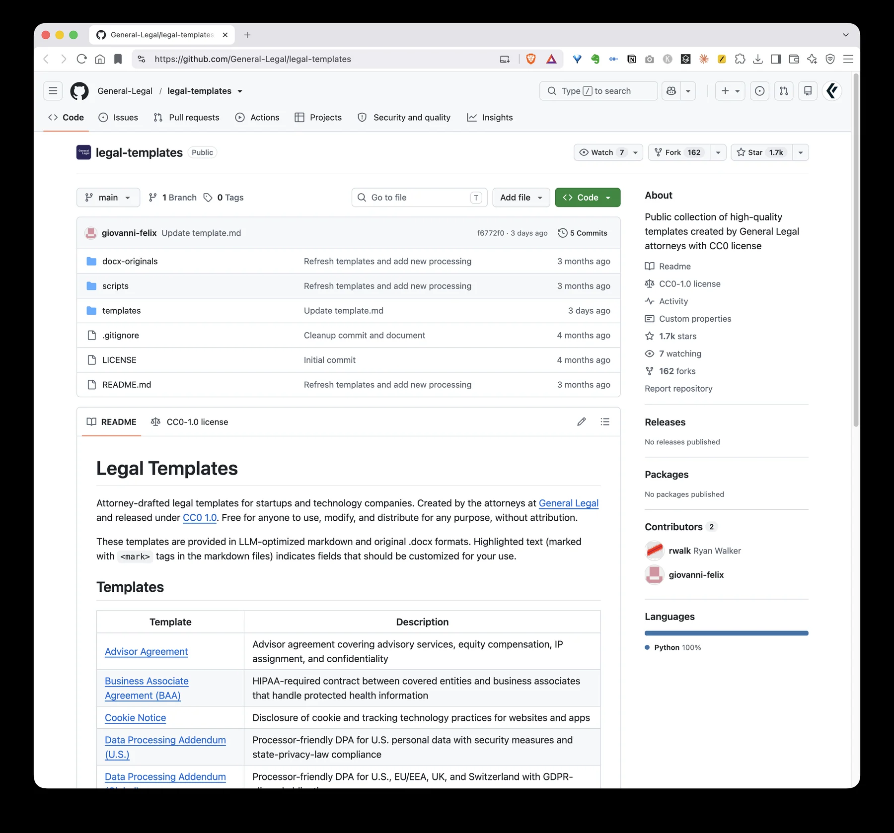 Screenshot of the General Legal legal-templates GitHub repository