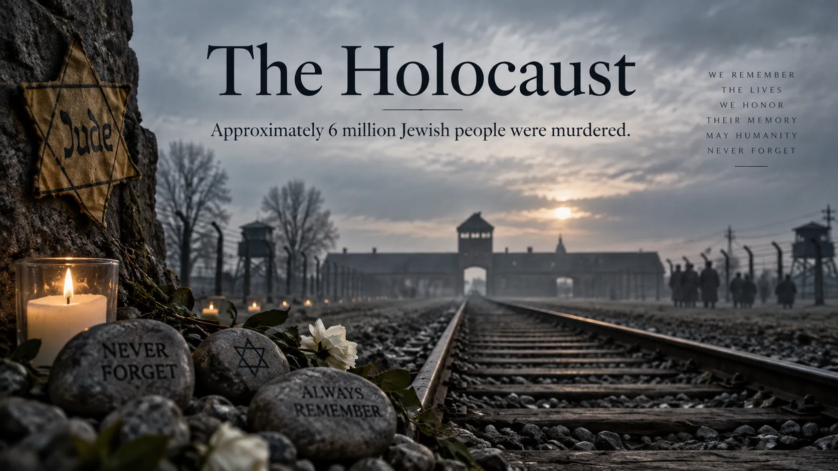 A Holocaust memorial image with railway tracks, candles, stones, and the words The Holocaust