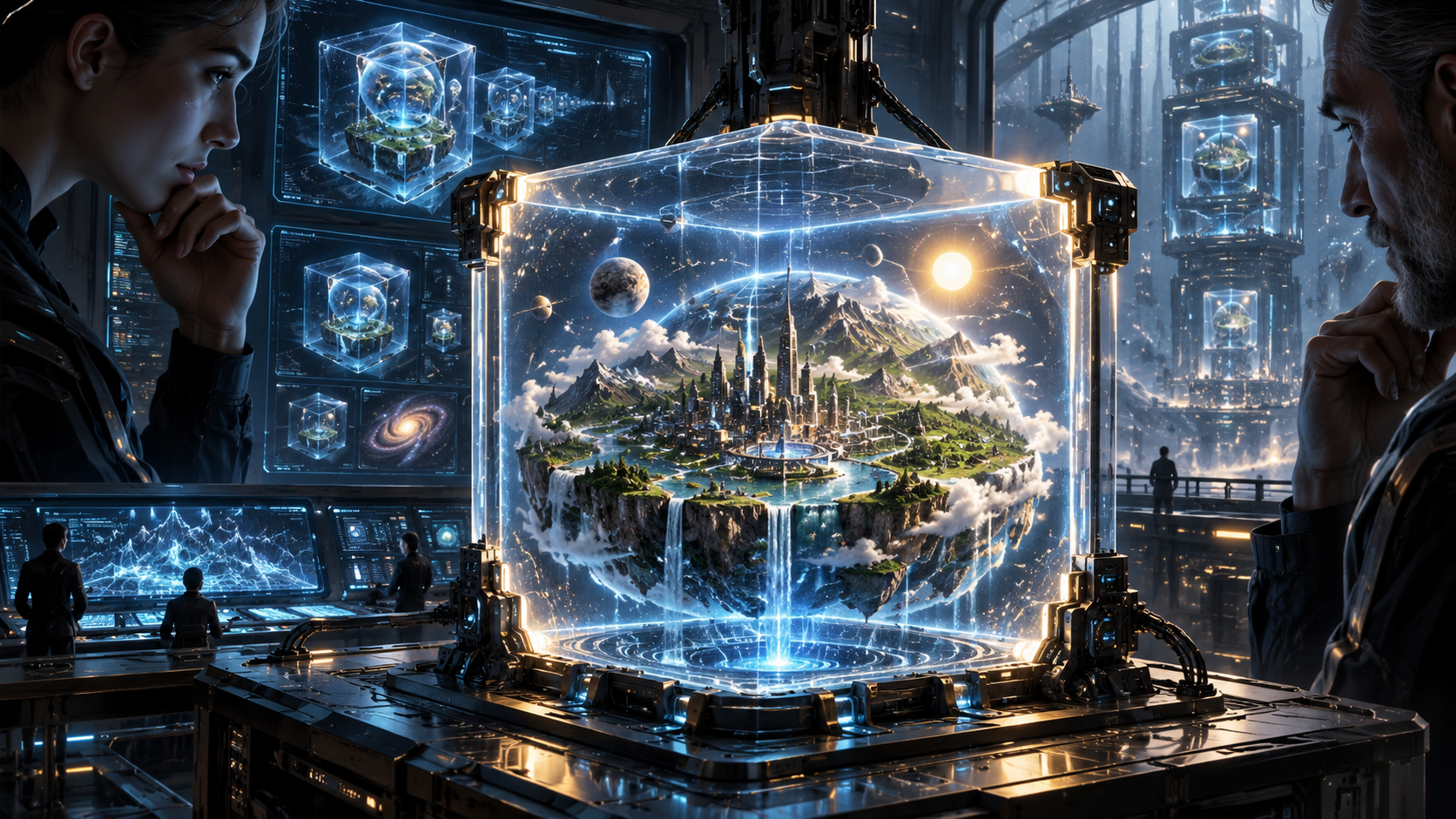 We Are in a Simulation Scientists observing a contained simulated world inside a transparent cube